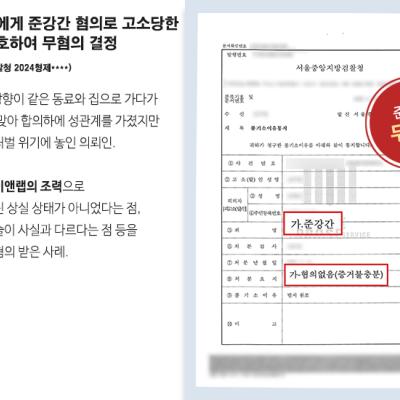 직장 동료에게 준강간 혐의로 고소당한 의뢰인 변호하여 무혐의 결정