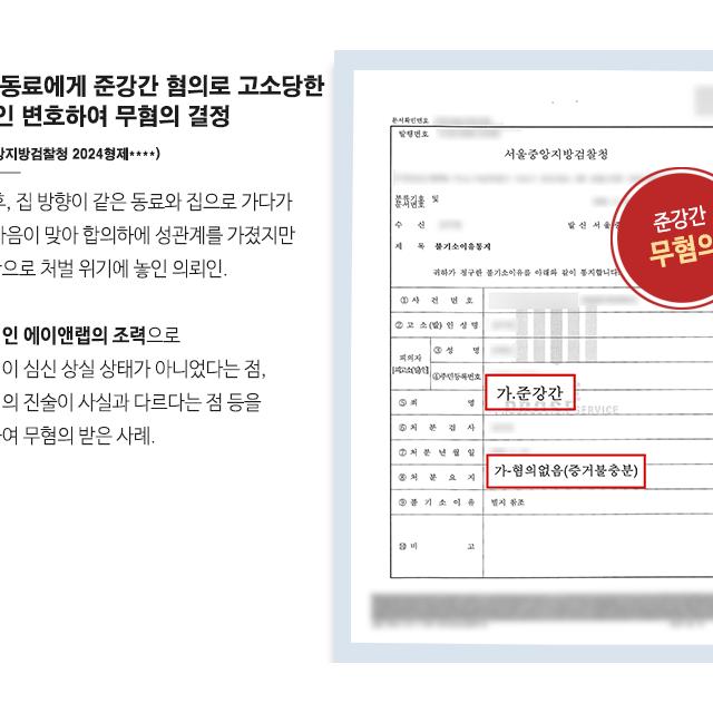 직장 동료에게 준강간 혐의로 고소당한 의뢰인 변호하여 무혐의 결정